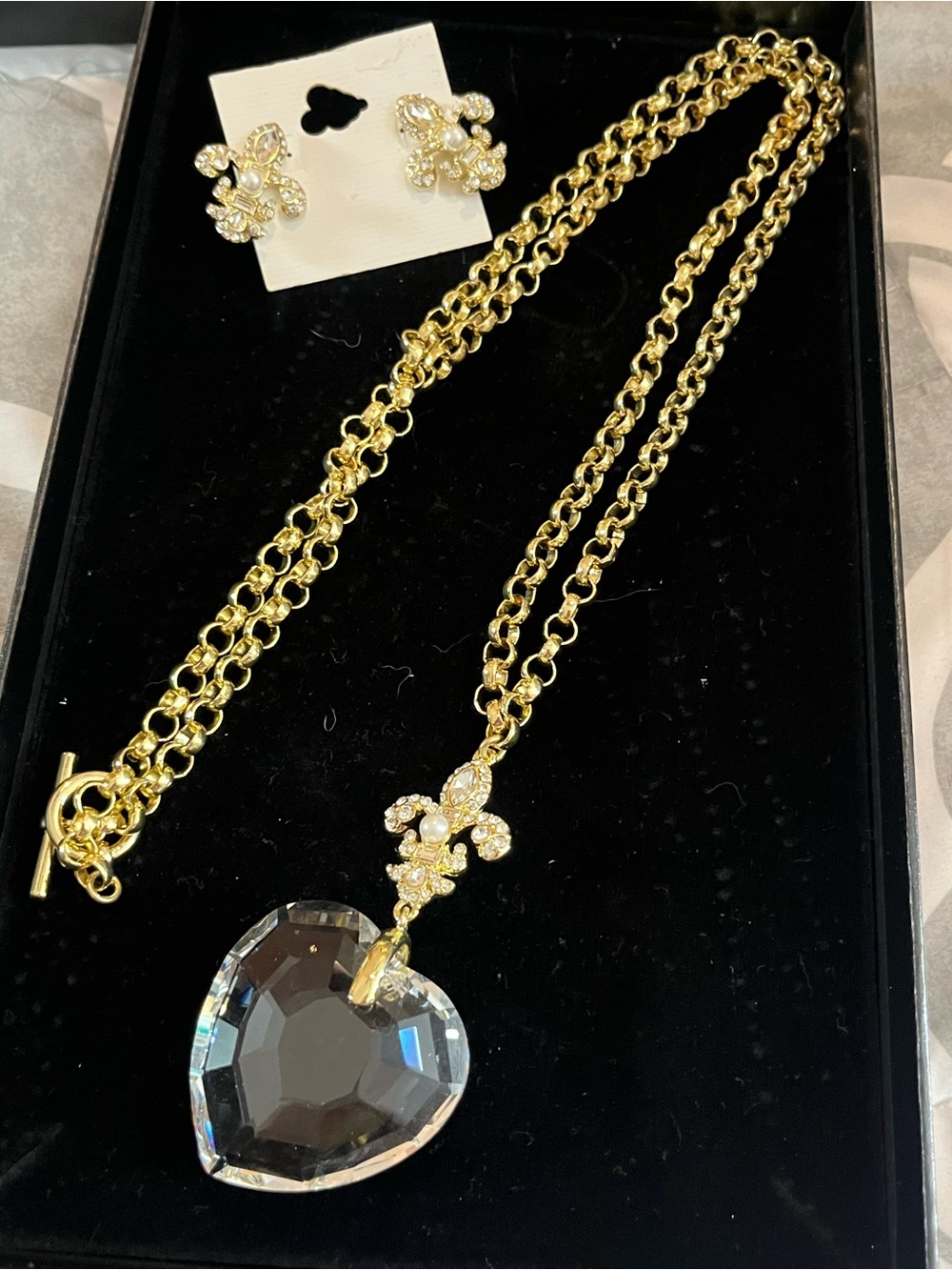 Gold Crystal Heart Pendant Necklace with Fleur Accent - Women Jewelry